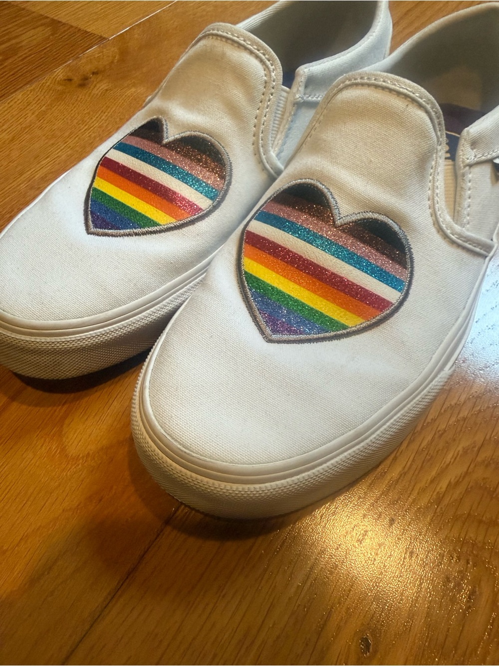 *BARELY WORN* Vans White Slip-On Sneakers with Sparkle Rainbow Heart Patch